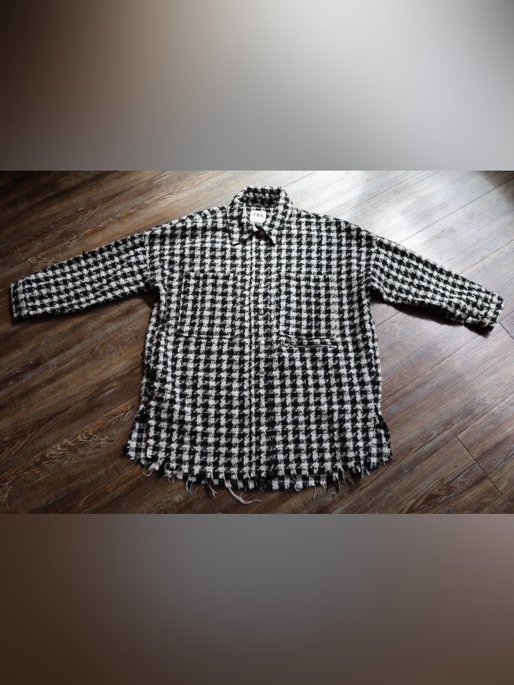 Zara Womens M Black White Check Tweed Shacket Raw Fringe Dark Academia Goth